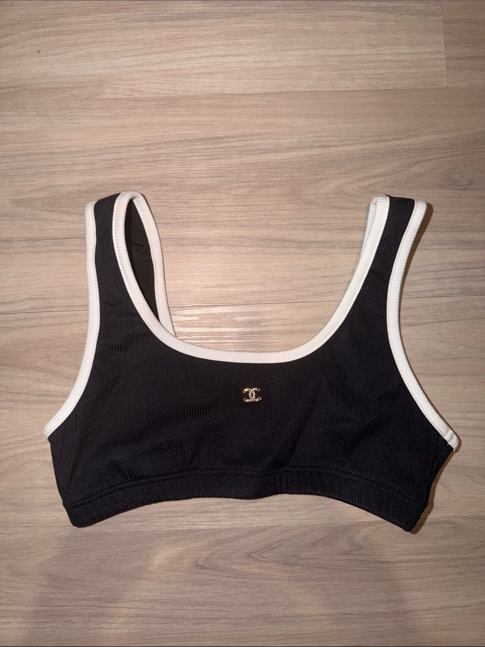 Chanel Black Ribbed Bralette with White Trim